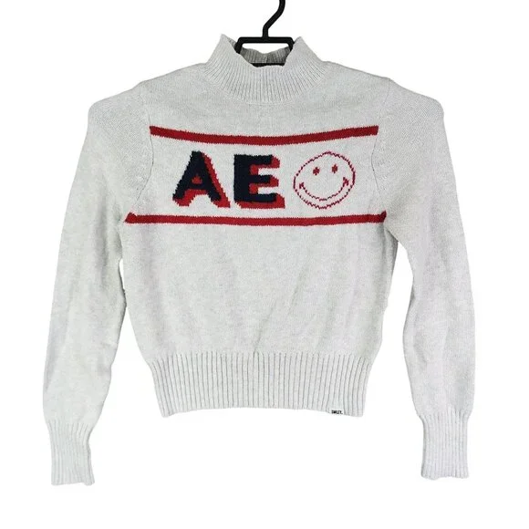 Womens White Red American Eagle Knit Sweater Retro Mock Neck Long Sleeve Size M - Picture 1 of 12